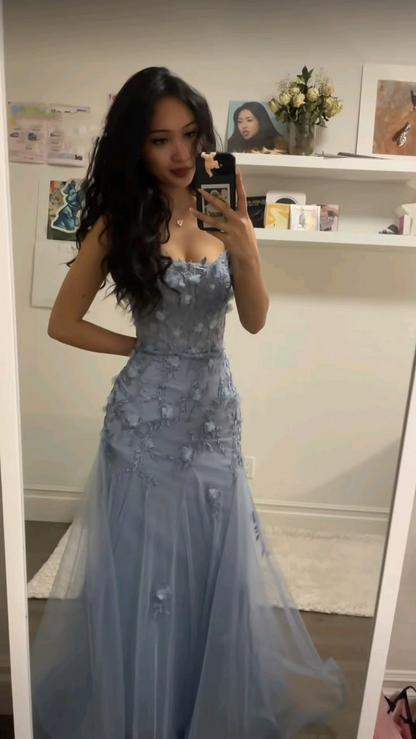 Elegant Spaghetti Straps Blue Tulle Appliques Mermaid Long Party Dress Prom Gown D4984