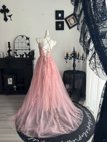 Elegant Spaghetti Straps Tulle Appliques Long Wedding Guest Dress,Pink Evening Dress D3725