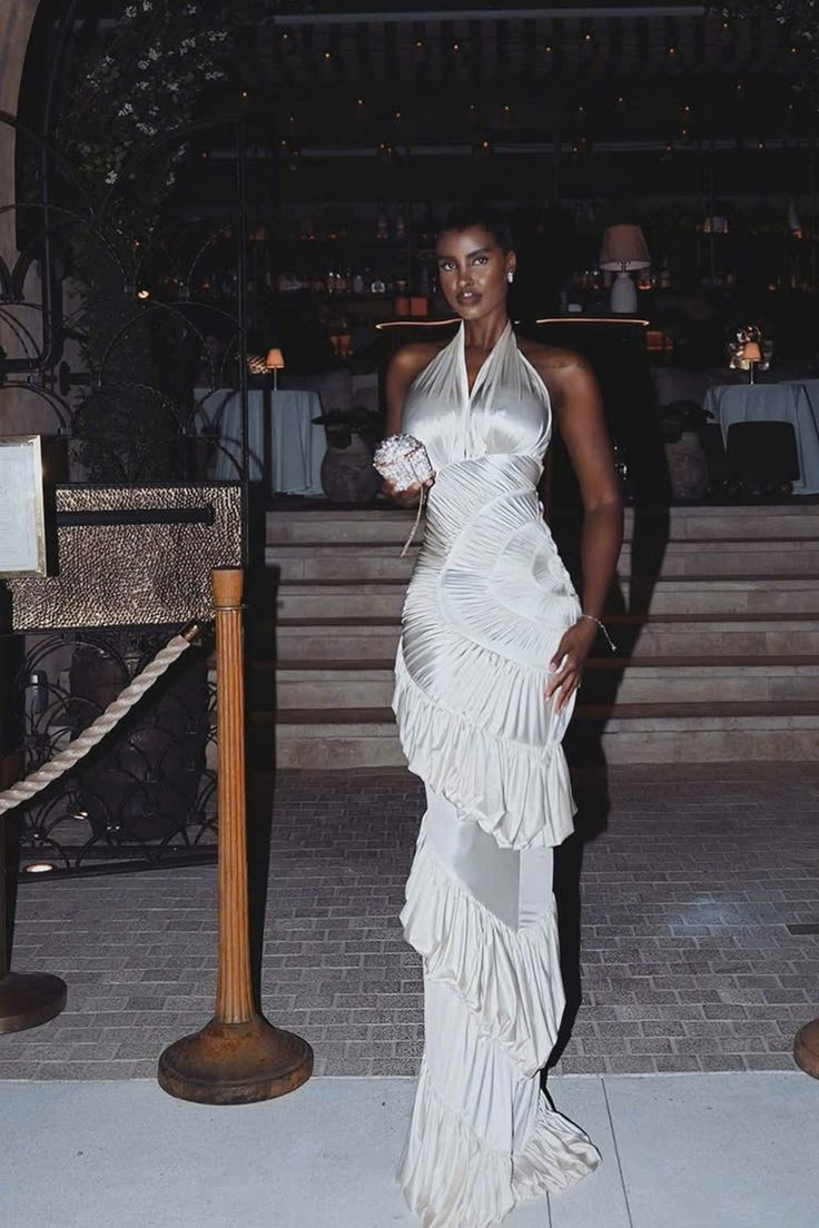 Elegant Halter Ivory Satin Pleated Ruffled Mermaid Long Evening Dress Prom Gown D4816