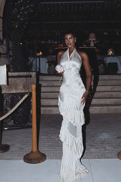 Elegant Halter Ivory Satin Pleated Ruffled Mermaid Long Evening Dress Prom Gown D4816