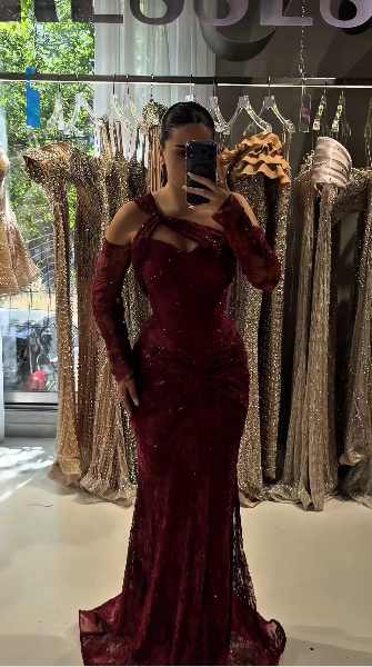 Sexy One Shoulder Burgundy Lace Mermaid Long Party Dress Evening Dress D5247