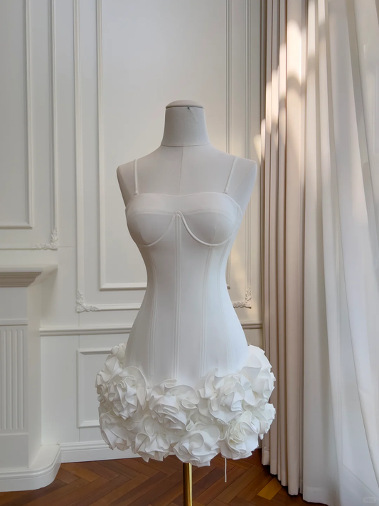 Sexy Spaghetti Straps Satin Pleated Floral Sheath Cocktail Dress White Graduation Homecoming Dress D2956