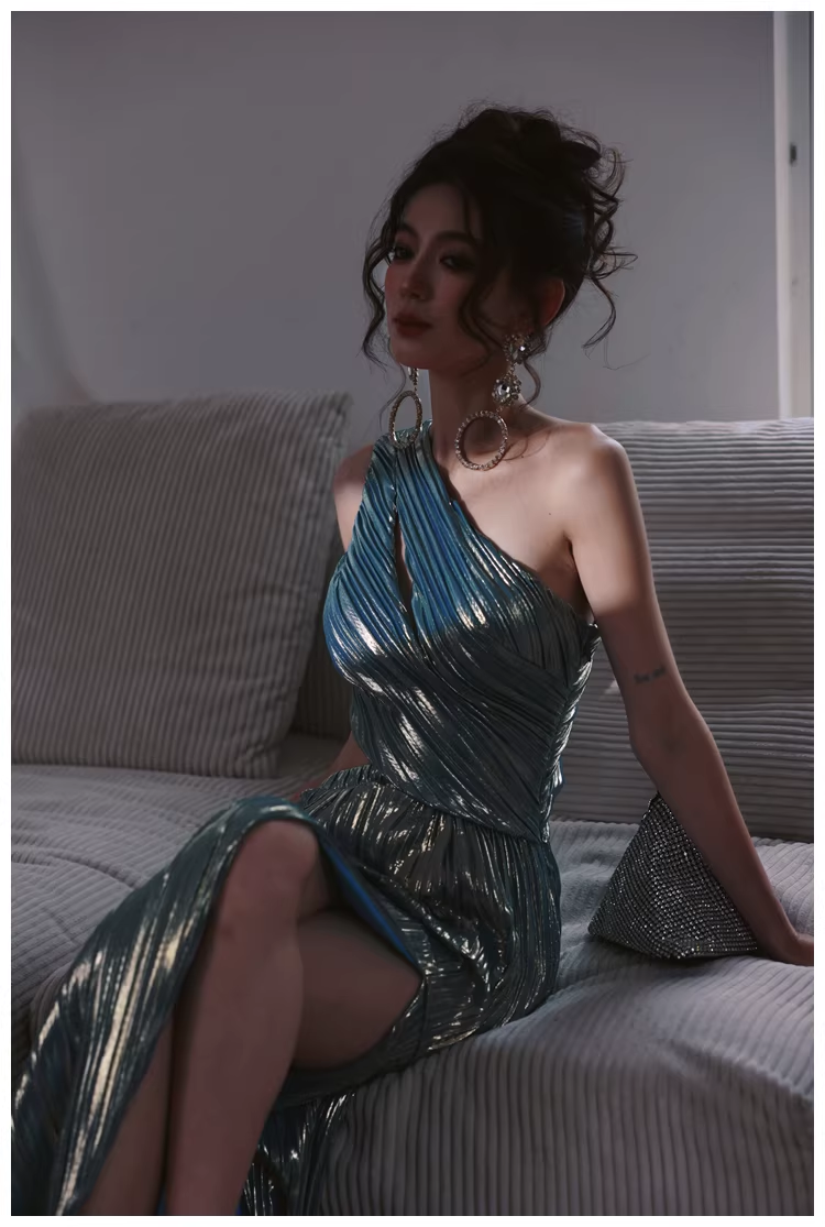 Sexy One Shoulder Satin Pleated Slit Long Wedding Guest Dress Blue Birthday Prom Dress Evening Gown D2458