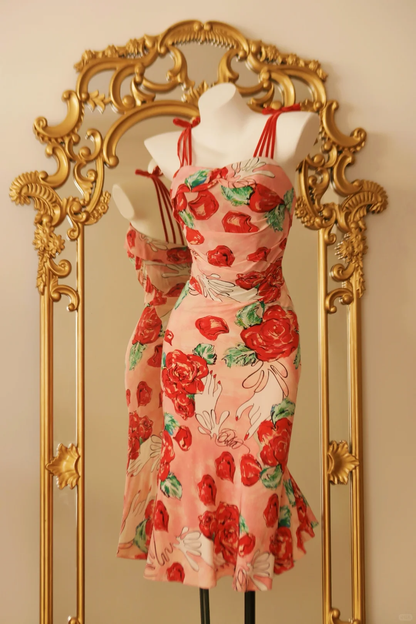 Beautiful Spaghetti Straps Rose Floral Chiffon Mermaid Knee Length Party Dress Birthday Prom Gown D2765