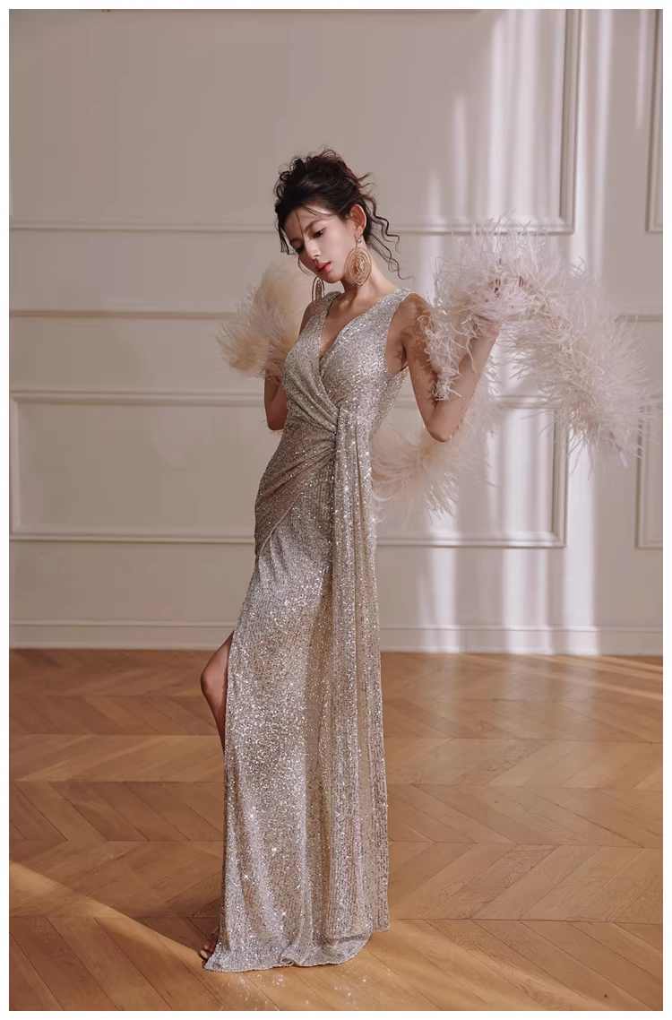 Glitter V Neck Silver Sequin Slit Mermaid Long Evening Dress Birthday Dress D2420