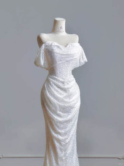 Charming Off The Shoulder White Sequin Mermaid Long Evening Dress Birthday Dress D2504