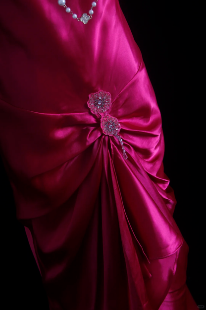 Pretty Spaghetti Straps Hot Pink Satin Beaded Mermaid Long Party Dress Birthday Dress D2849
