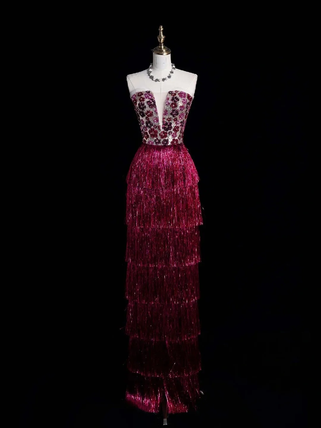 Sparkly Strapless Dark Fuchsia Sequin Tassel Layered Sheath Long Party Dress Evening Gown D4846
