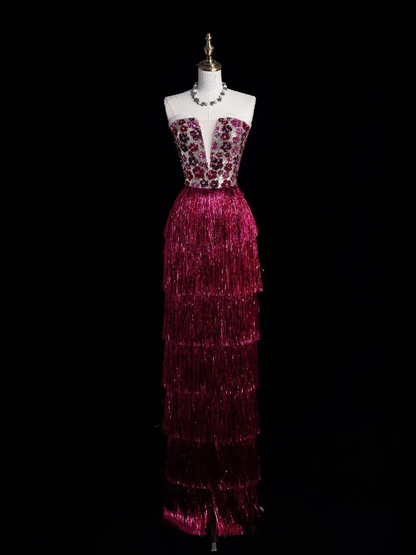 Sparkly Strapless Dark Fuchsia Sequin Tassel Layered Sheath Long Party Dress Evening Gown D4846