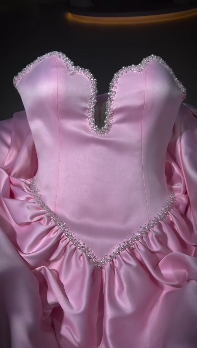 Pretty Sweetheart Neck Pink Satin Beaded A Line Long Party Dress Birthday Prom Dress D3738