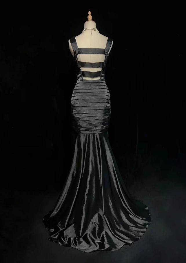 Fashion Black Satin Pleated Mermaid Long Evening Dress Wedding Guest Dress D2061