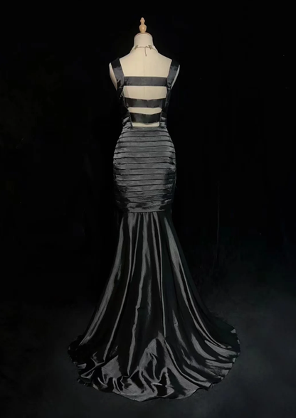 Fashion Black Satin Pleated Mermaid Long Evening Dress Wedding Guest Dress D2061