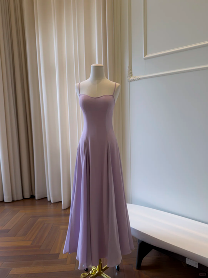 Elegant Spaghetti Straps Purple Satin A Line Long Prom Dress Evening Gown D2987