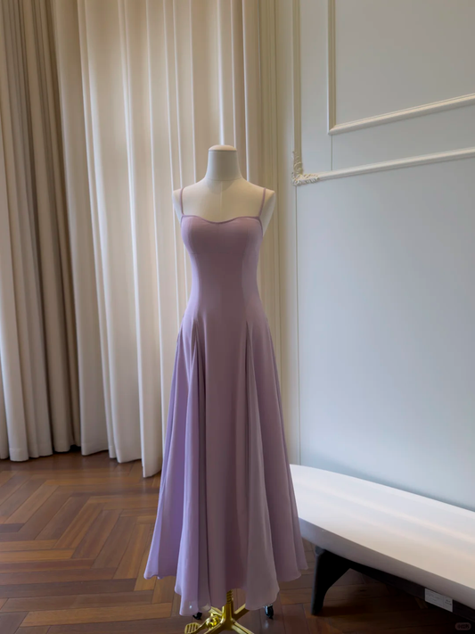 Elegant Spaghetti Straps Purple Satin A Line Long Prom Dress Evening Gown D2987