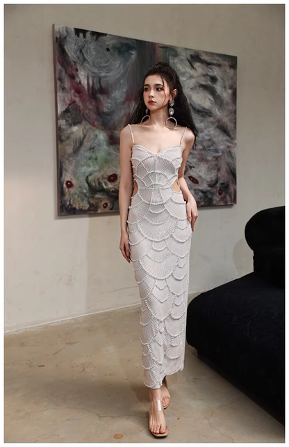 Unique Spaghetti Straps Sequin Pearls Sheath Slit Long Party Dress Birthday Evening Gown D2452