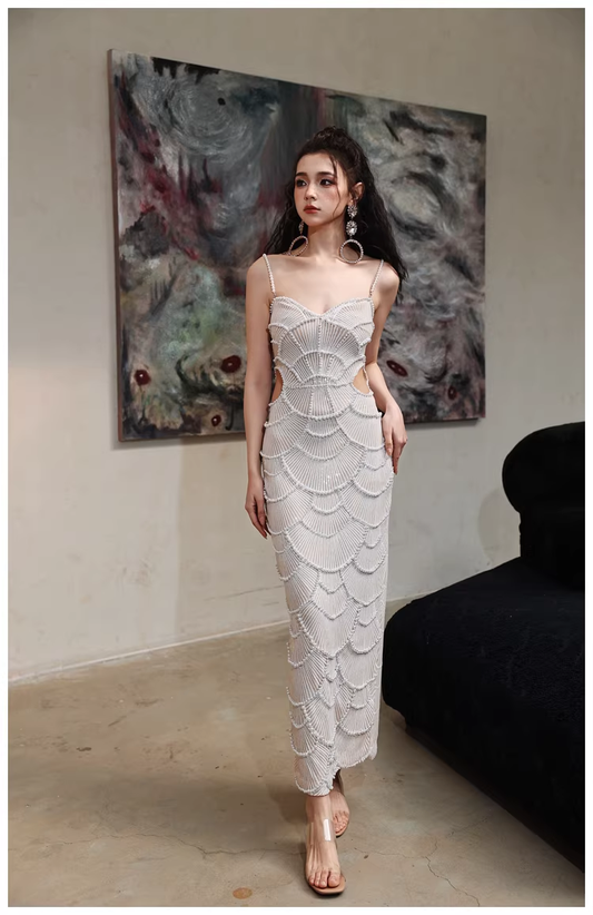 Unique Spaghetti Straps Sequin Pearls Sheath Slit Long Party Dress Birthday Evening Gown D2452