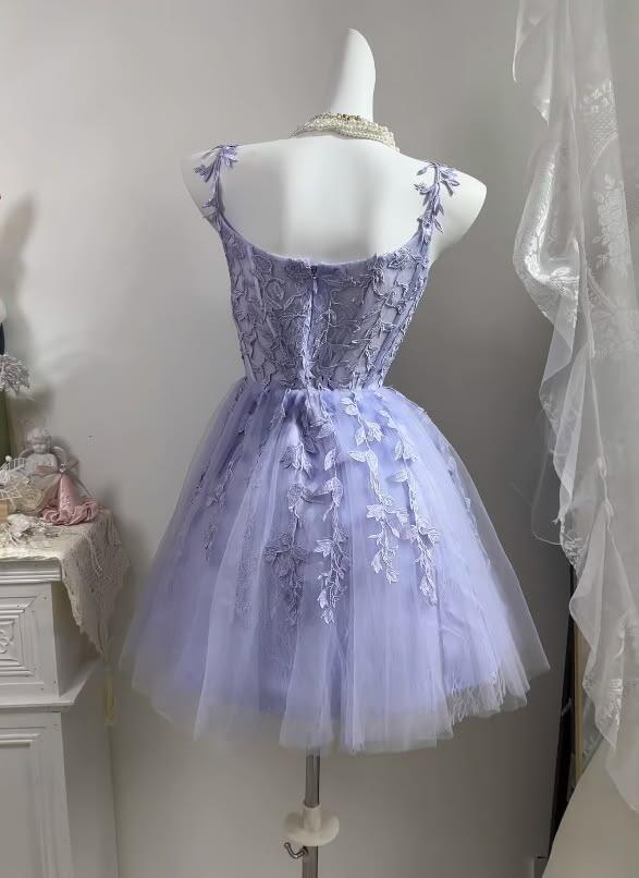Elegant Spaghetti Straps Purple Tulle Appliques A Line Short Homecoming Dress Cocktail Dress D4237