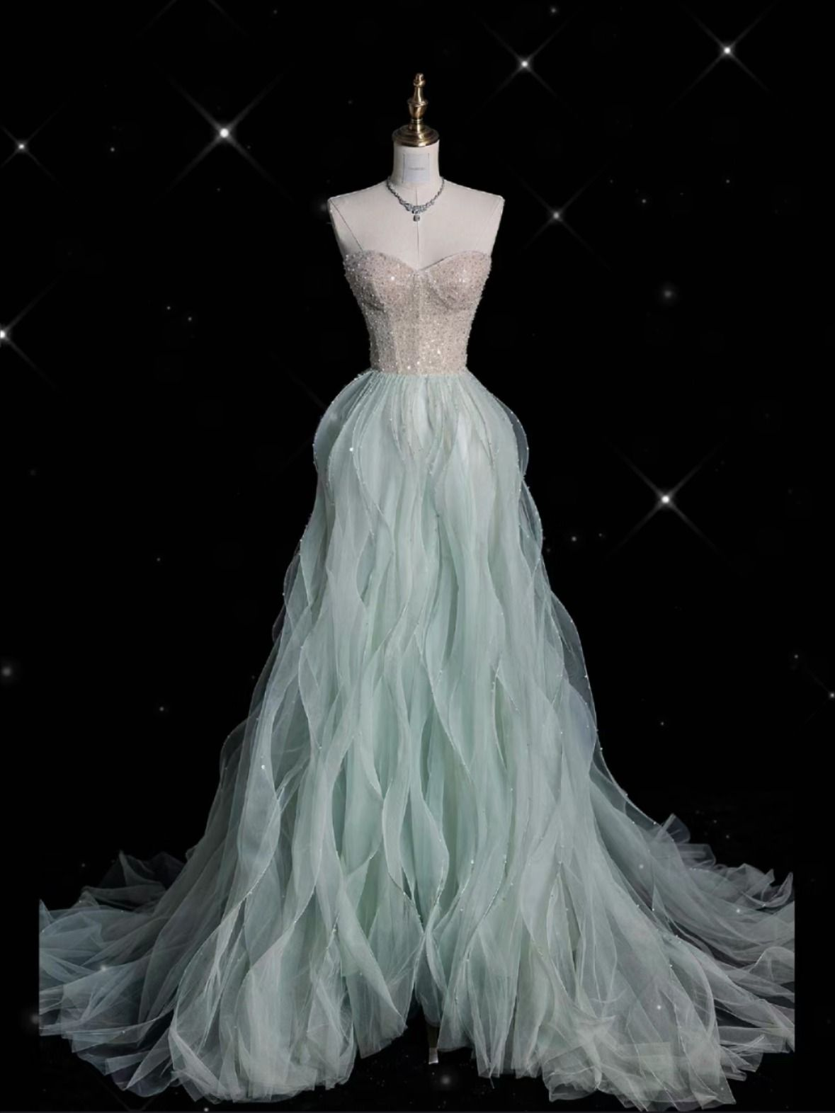 Beautiful Strapless Light Green Tulle Sequin Mermaid Evening Dress Long Prom Dress D1221