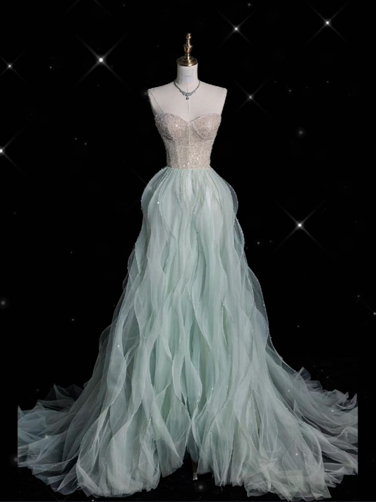 Beautiful Strapless Light Green Tulle Sequin Mermaid Evening Dress Long Prom Dress D1221