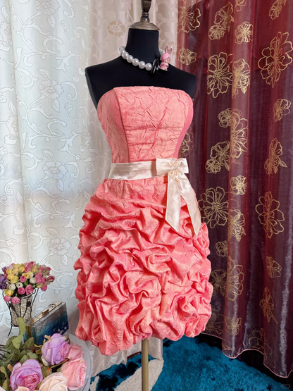 Classy Peach Pink Strapless Satin Pleated Sheath Short Prom Dress Homecoming Dress D727
