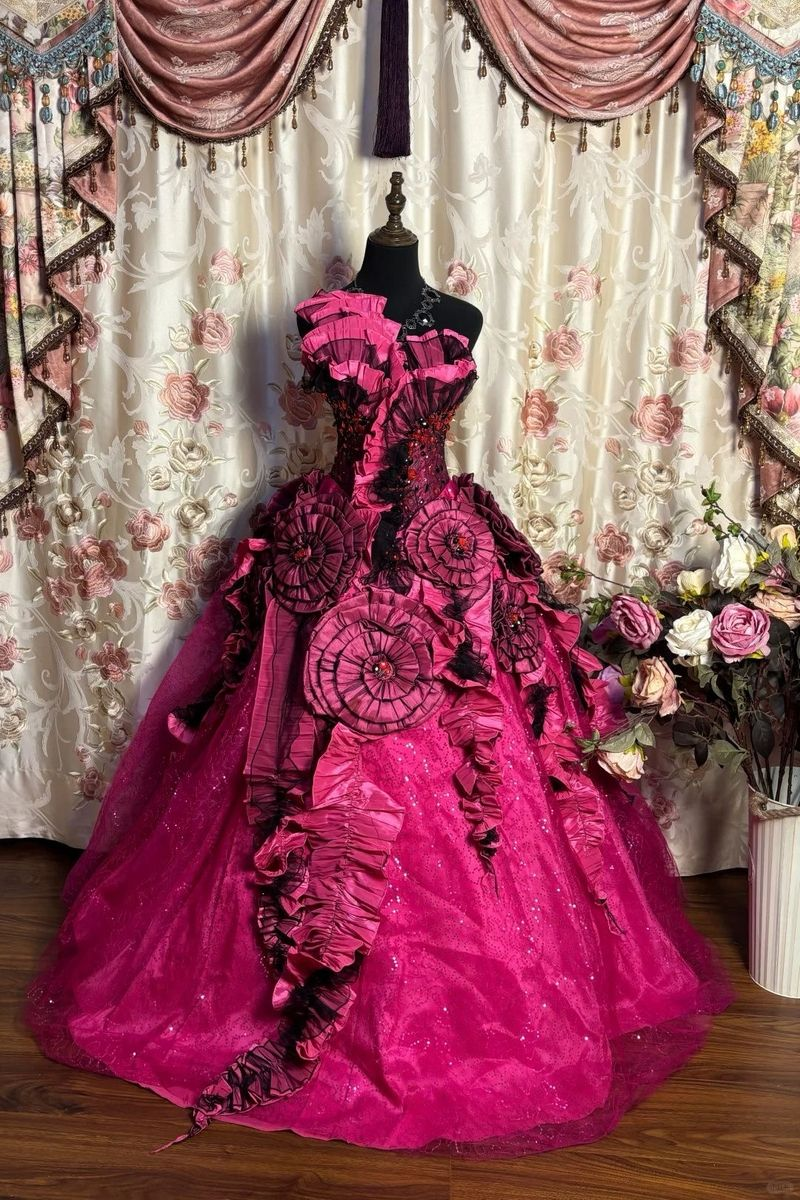 Gorgeous Ball Gown Hot Pink Tulle Sequin Beaded Long Prom Dress Party Dress D1411
