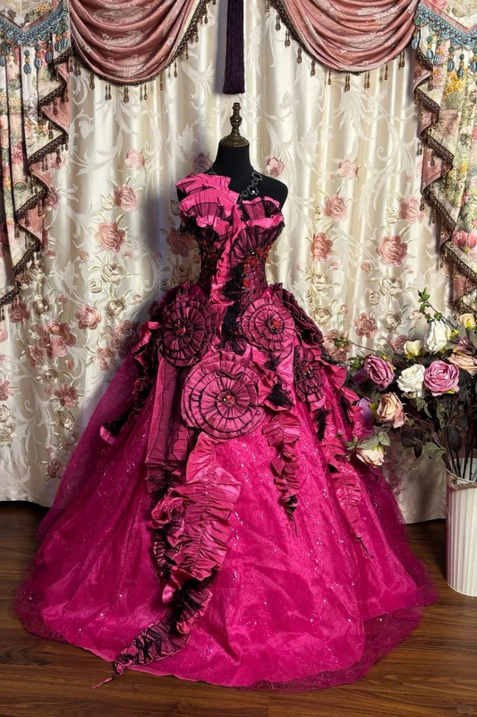 Gorgeous Ball Gown Hot Pink Tulle Sequin Beaded Long Prom Dress Party Dress D1411