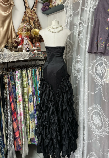 Retro Sweetheart Neck Black Satin Ruffles Mermaid Long Party Dress Birthday Prom Gown D1754