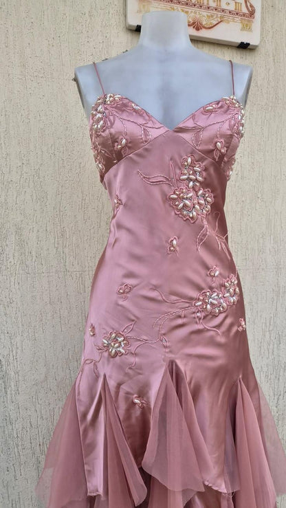 Pretty Pink Spaghetti Straps Satin Beaded Floral Mermaid Long Party Dress Evening Gown D4321