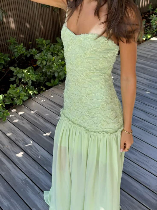 Elegant Light Green Tulle Ruched Floral Chiffon A Line Long Prom Dress Party Gown D3442