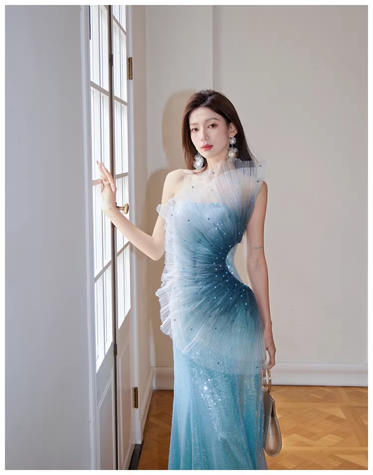 Glamorous Blue Tulle Sequin Mermaid Long Evening Dress Formal 19th Birthday Outfits With Beads D2400