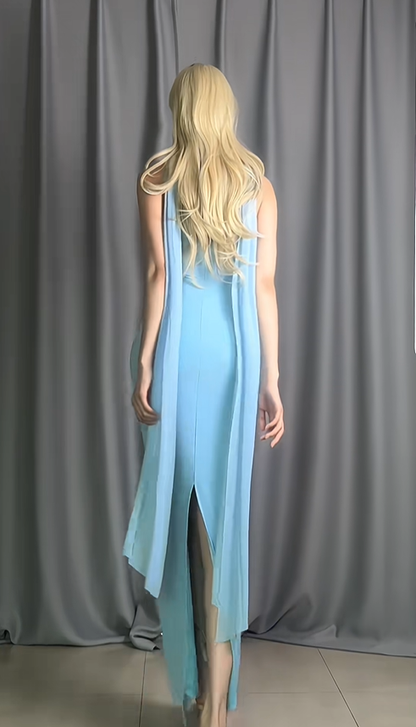 Elegant Strapless Blue Chiffon Mermaid Evening Dress Formal Birthday Prom Gowns With Scarf D2490