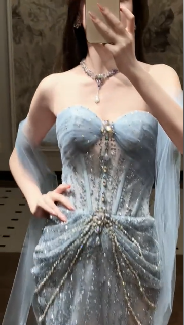 Glitter Sky Blue Strapless Tulle Sequin Beaded Mermaid Evening Dress Long Birthday Prom Dress Party Dress D1880