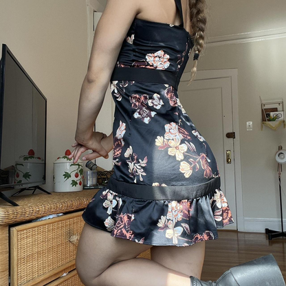 Black Satin Print Floral Sheath Sexy Cocktail Dress Vintage Formal Graduation Homecoming Dress D147