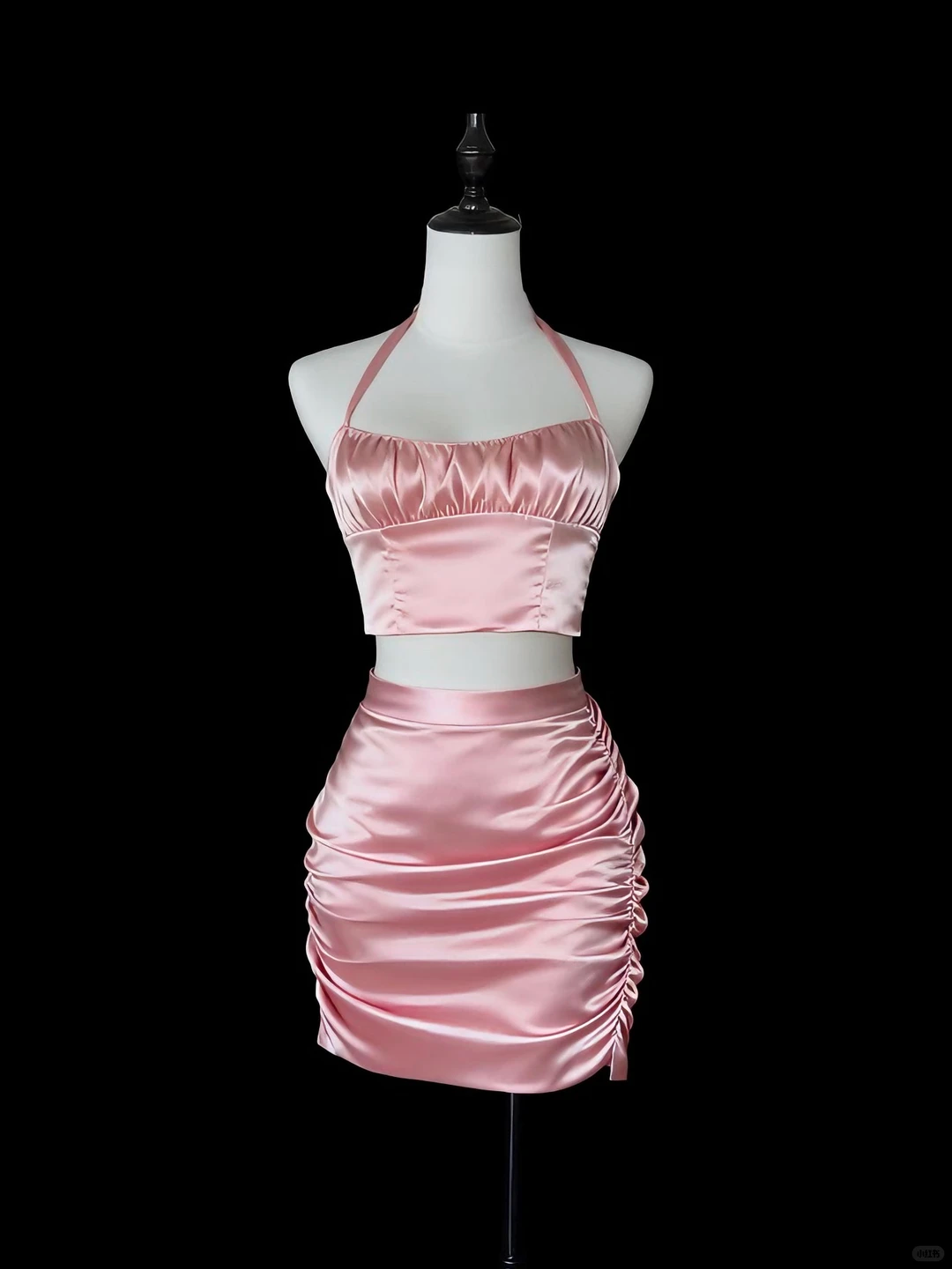 Sexy Halter Pink Satin Pleated Sheath Mini Cocktail Dress Short Homecoming Dress Two Piece D2796