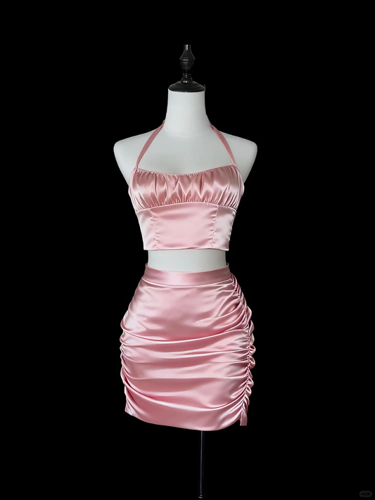 Sexy Halter Pink Satin Pleated Sheath Mini Cocktail Dress Short Homecoming Dress Two Piece D2796