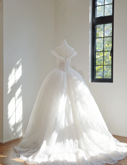 Princess Off The Shoulder White Lace Bridal Gown Long Wedding Dress D2155