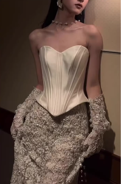 Fairy Strapless White Lace Pearls Mermaid Evening Dress Birthday Party Gown With Gloves D2220
