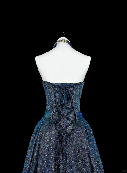 Classy Strapless Satin Sequin Blue Long Evening Dress Prom Dress D5390