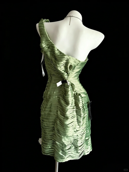 Stylish Green Satin Pleated Beaded Short Homecoming Dress One Shoulder Short Cocktail Dress D5264