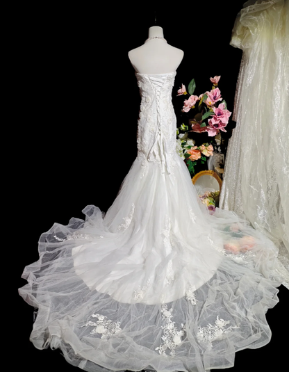 Fairy Strapless White Tulle Appliques Mermaid Long Party Dress Birthday Evening Dress D2374