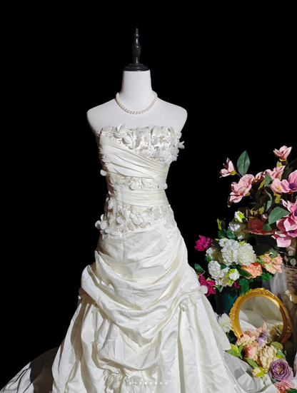 Pretty Ivory Strapless Satin Pleated Appliques Mermaid Party Dress Long Birthday Evening Gown D2363