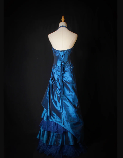 Elegant Blue Halter Embroidered Beaded Satin Pleated Mermaid Party Dress Long Birthday Evening Dress D2270