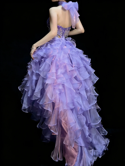 Princess Sweetheart Neck Lilac Sequin Beaded Tulle Ruffle Tiered High Low Long Evening Dress Birthday Party Gown D4881