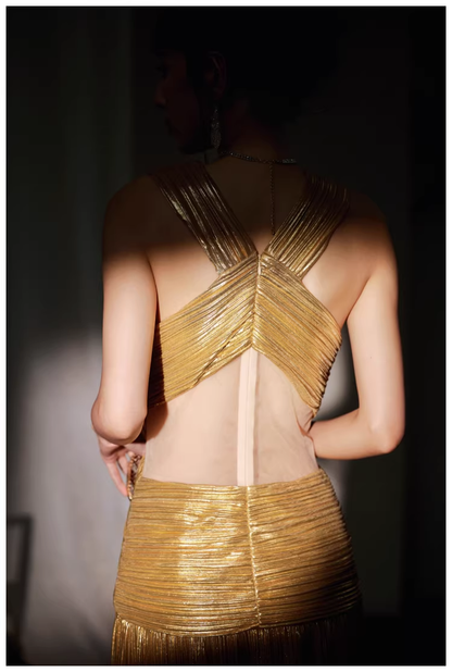 Gorgeous V Neck Gold Satin Pleated Long Evening Dress 19th Birthday Outfits D2438