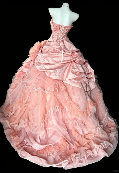 Charming Strapless Coral Orange Satin Tulle Ruffles Quinceanera Dress Sweet 16 Dress D5233