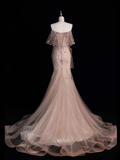 Pretty Off The Shoulder Tulle Appliqued Long Prom Dresses Pink Mermaid Long Party Dress D4524