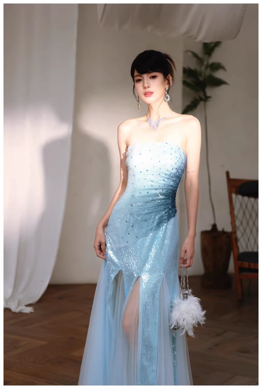 Charming Strapless Blue Tulle Sequin Beaded Mermaid Long Evening Dress Birthday Party Gown D2436