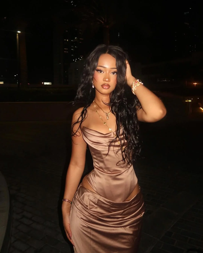 Elegant Strapless Brown Satin Mermaid Long Prom Dresses Evening Dress D4840