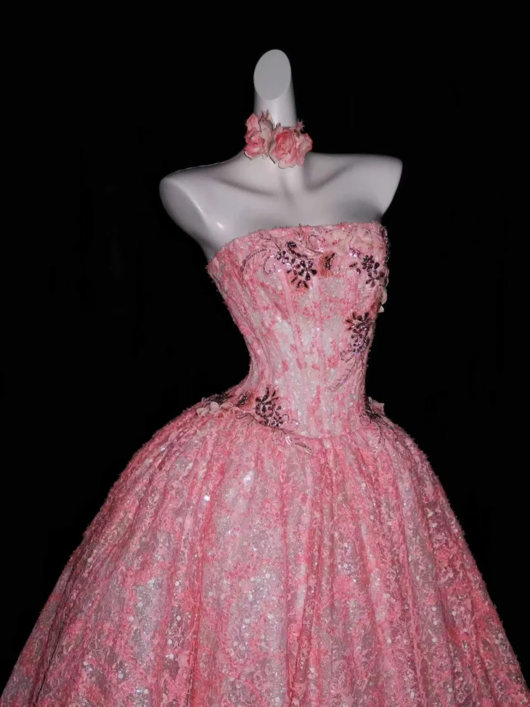 Pretty Pink Strapless Tulle Floral Long Wedding Dress Formal Bridal Gowns D3078