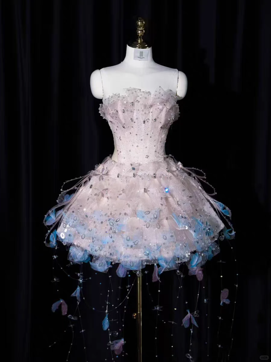 Glitter Strapless Tulle Sequin Beaded Tassel Short 7th Grade Homecoming Dress,Pink Mini Birthday Dress D3135